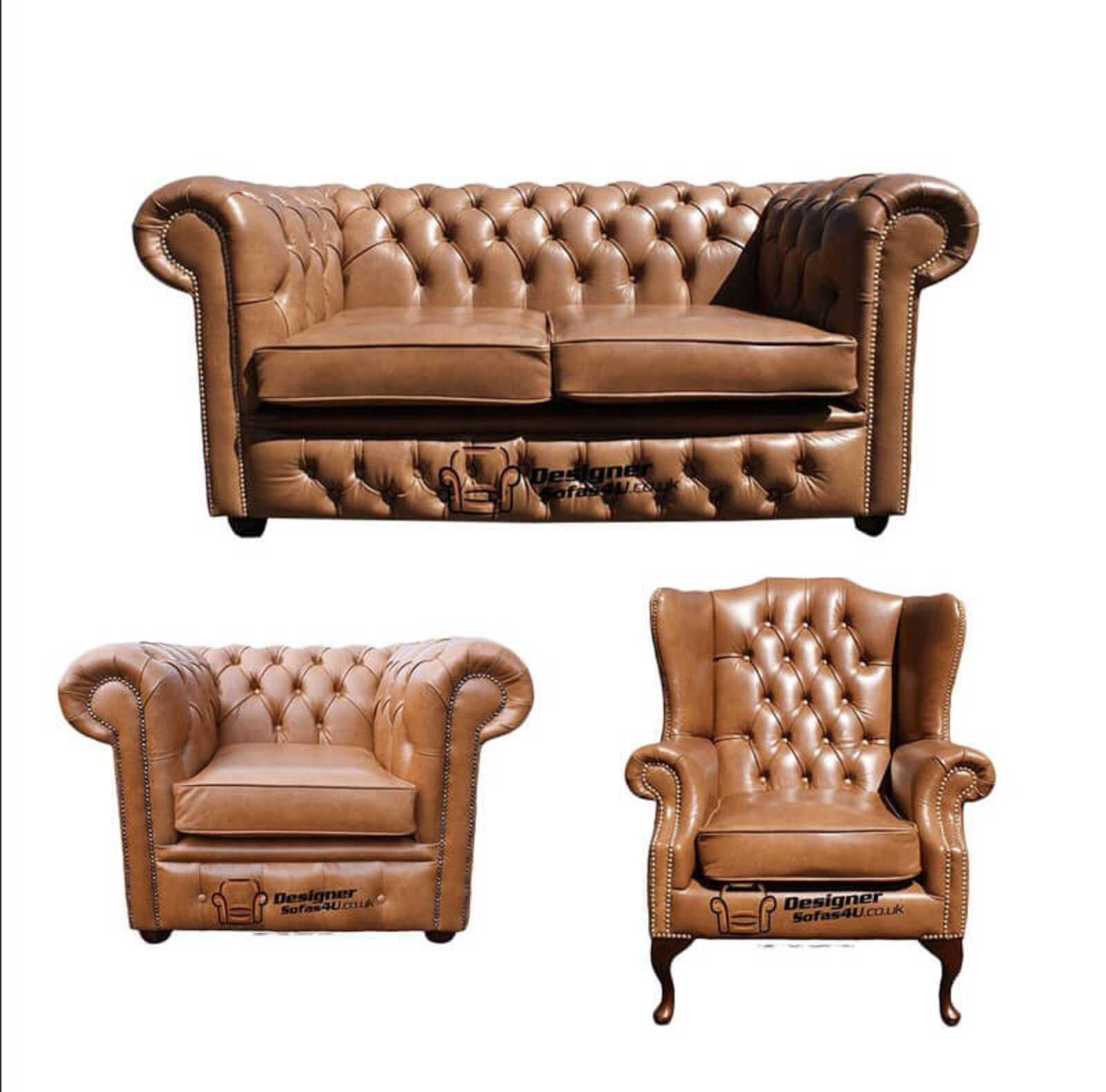 Product photograph of Chesterfield 2 Seater Sofa Club Chair Mallory Wing Chair Old English Tan Leather Sofa Offer from Designer Sofas 4U