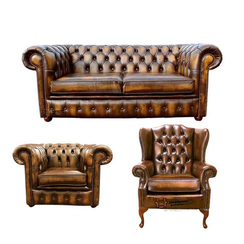 Chesterfield 2 Seater Sofa & Club Chair + Mallory Wing Chair Leather Sofa Suite Antique Gold