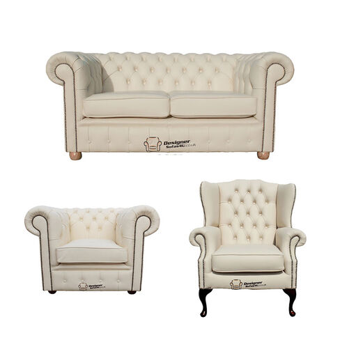 Chesterfield 2 Seater Sofa + Club Chair + Mallory Wing Chair Leather Sofa Suite Offer Cottonseed Cream