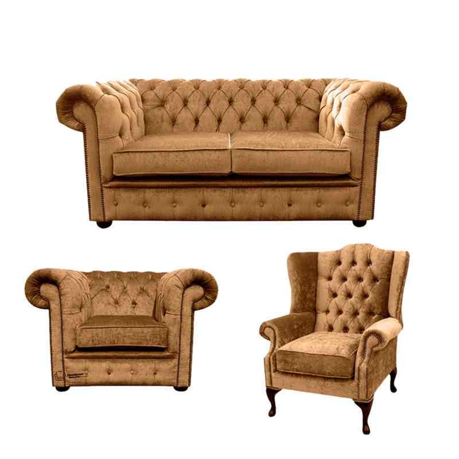 Product photograph of Chesterfield 2 Seater Sofa Club Chair Mallory Wing Chair Harmony Gold Velvet Sofa Suite Offer from Designer Sofas 4U