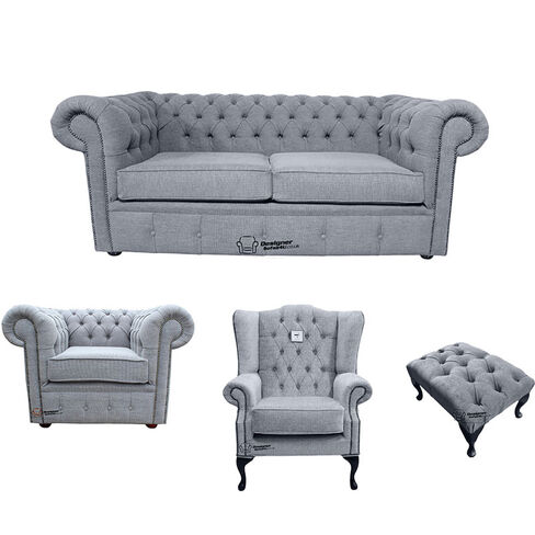 Chesterfield 2 Seater Sofa + Club Chair + Mallory Wing Chair+Footstool Verity Plain Steel Fabric Sofa Suite Offer
