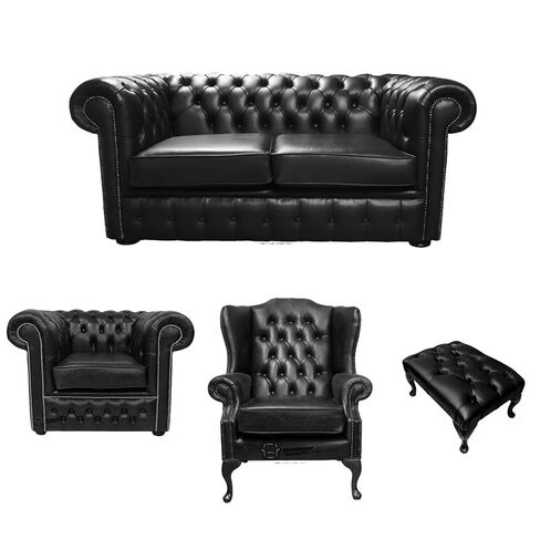 Chesterfield 2 Seater Sofa + Club Chair + Mallory Wing Chair + Footstool Old English Black Leather Sofa Offer