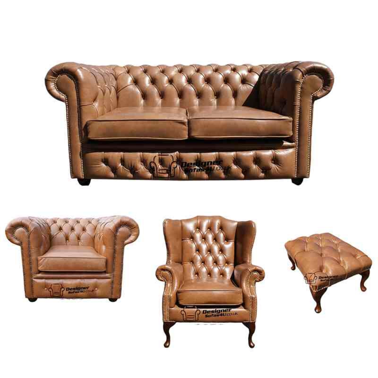 Product photograph of Chesterfield 2 Seater Sofa Club Chair Mallory Wing Chair Footstool Old English Tan Leather Sofa Offer from Designer Sofas 4U
