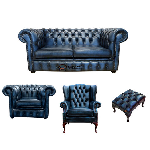 Chesterfield 2 Seater Sofa + Club Chair + Mallory Wing Chair + Footstool Leather Sofa Suite Offer Antique Blue
