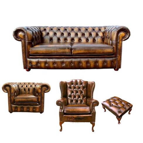 Chesterfield 2 Seater Sofa + Club Chair + Mallory Wing Chair + Footstool Leather Sofa Suite Offer Antique Gold