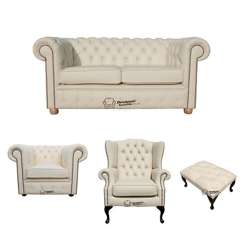 Chesterfield 2 Seater Sofa + Club Chair + Mallory Wing Chair + Footstool Leather Sofa Suite Offer Cottonseed Cream
