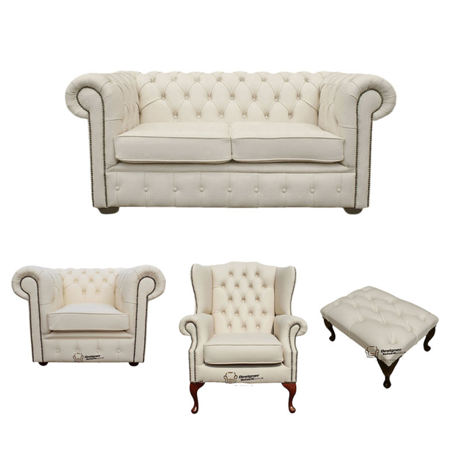 Product photograph of Chesterfield 2 Seater Sofa Club Chair Mallory Wing Chair Footstool Leather Sofa Suite Offer Ivory from Designer Sofas 4U