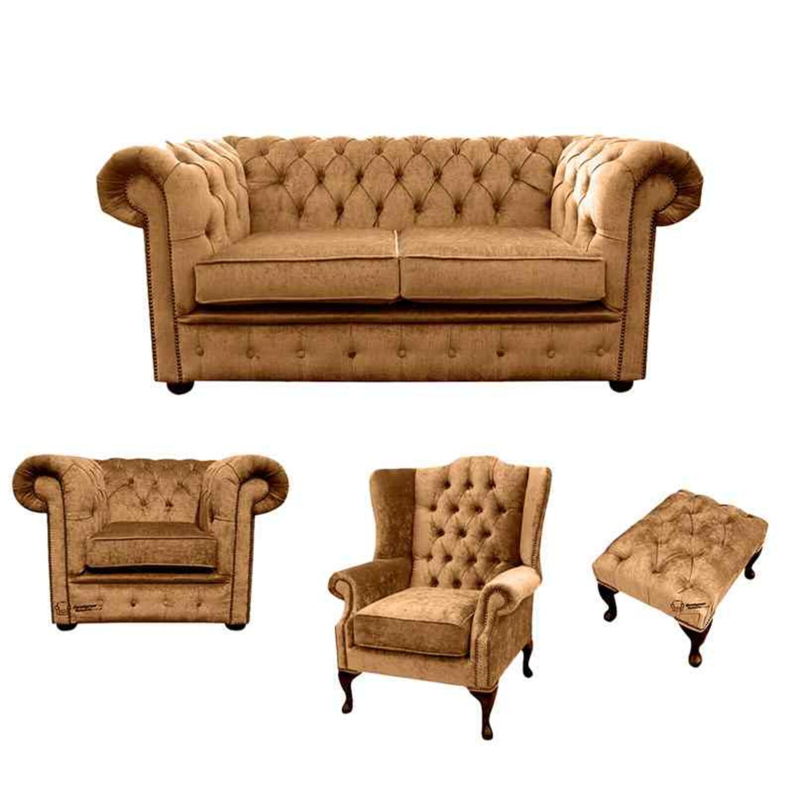 Product photograph of Chesterfield 2 Seater Sofa Club Chair Mallory Wing Chair Footstool Harmony Gold Velvet Sofa Suite Offer from Designer Sofas 4U