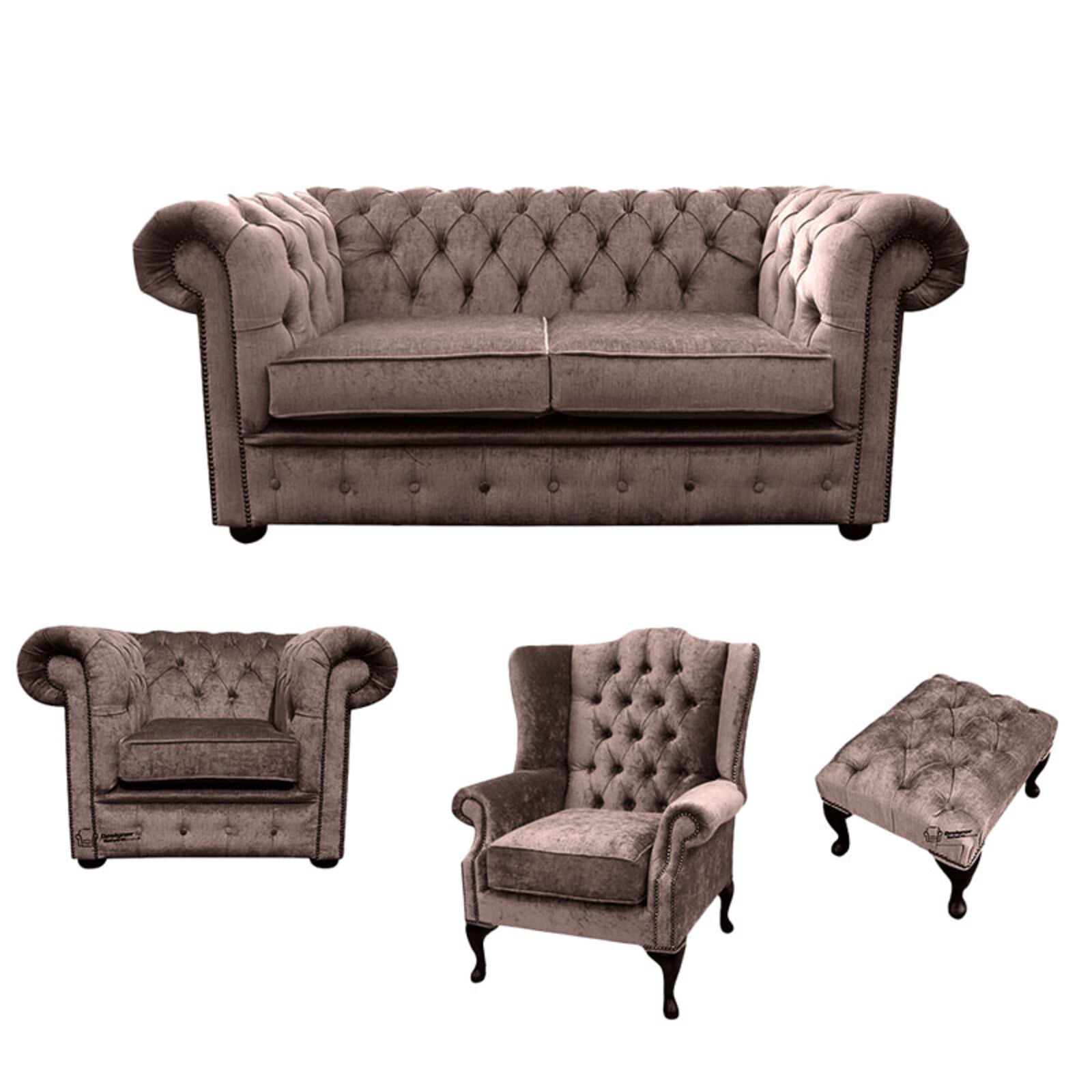 Product photograph of Chesterfield 2 Seater Sofa Club Chair Mallory Wing Chair Footstool Harmony Charcoal Velvet Sofa Suite Offer from Designer Sofas 4U