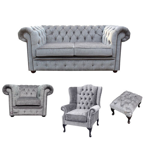 Chesterfield 2 Seater Sofa + Club Chair + Mallory Wing Chair+Footstool Harmony Dusk Velvet Sofa Suite Offer