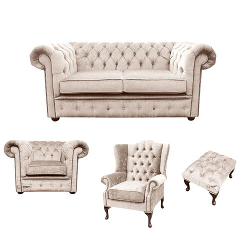 Chesterfield 2 Seater Sofa + Club Chair + Mallory Wing Chair+Footstool Harmony Ivory Velvet Sofa Suite Offer