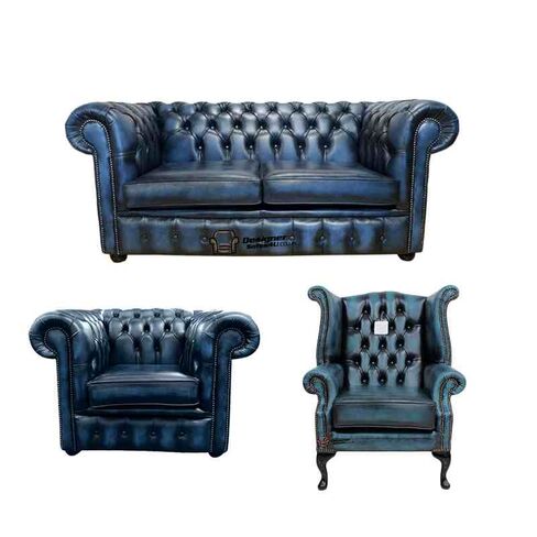 Chesterfield 2 Seater Sofa + Club Chair + Queen Anne Wing Chair Leather Sofa Suite Offer Antique Blue