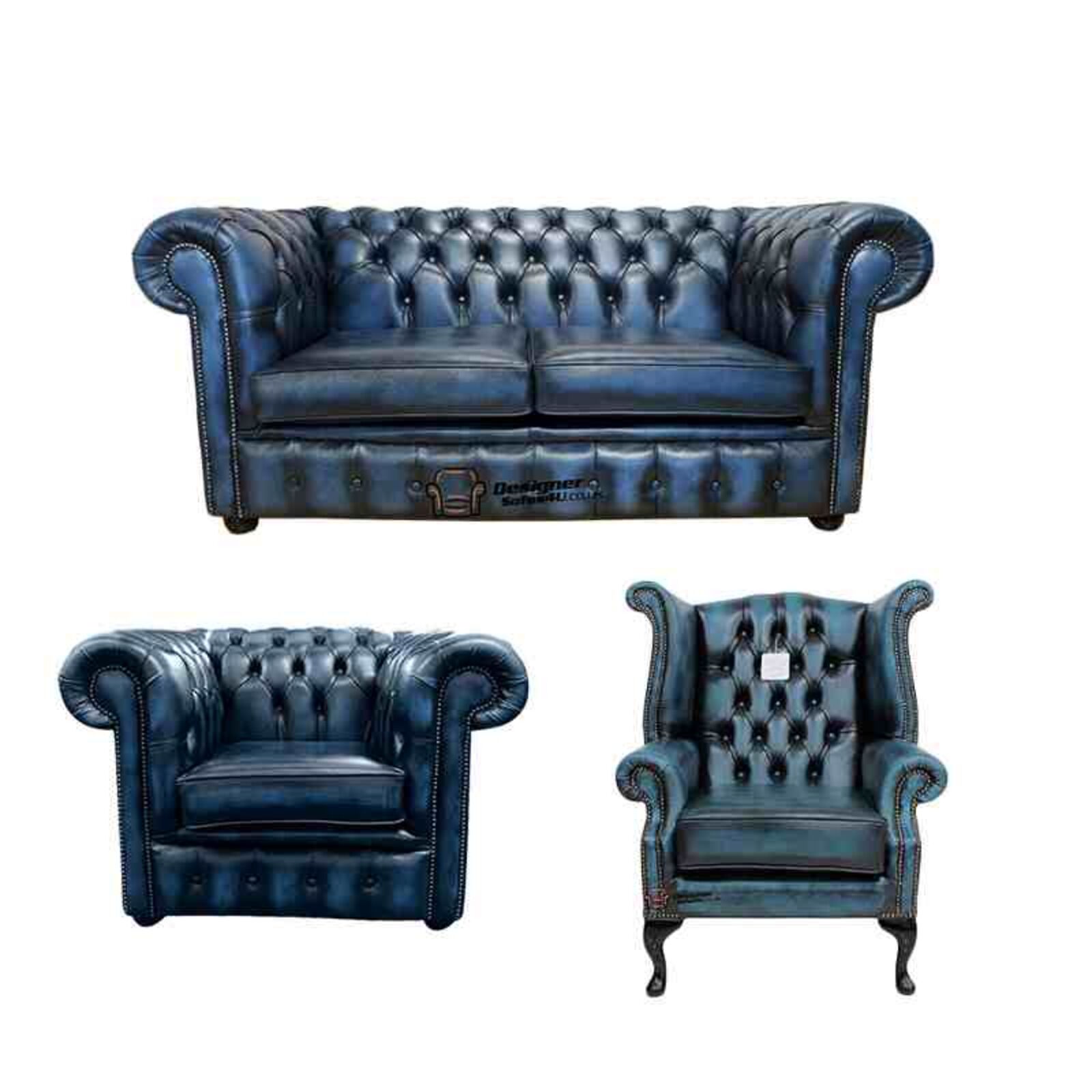 Product photograph of Chesterfield 2 Seater Sofa Club Chair Queen Anne Wing Chair Leather Sofa Suite Offer Antique Blue from Designer Sofas 4U