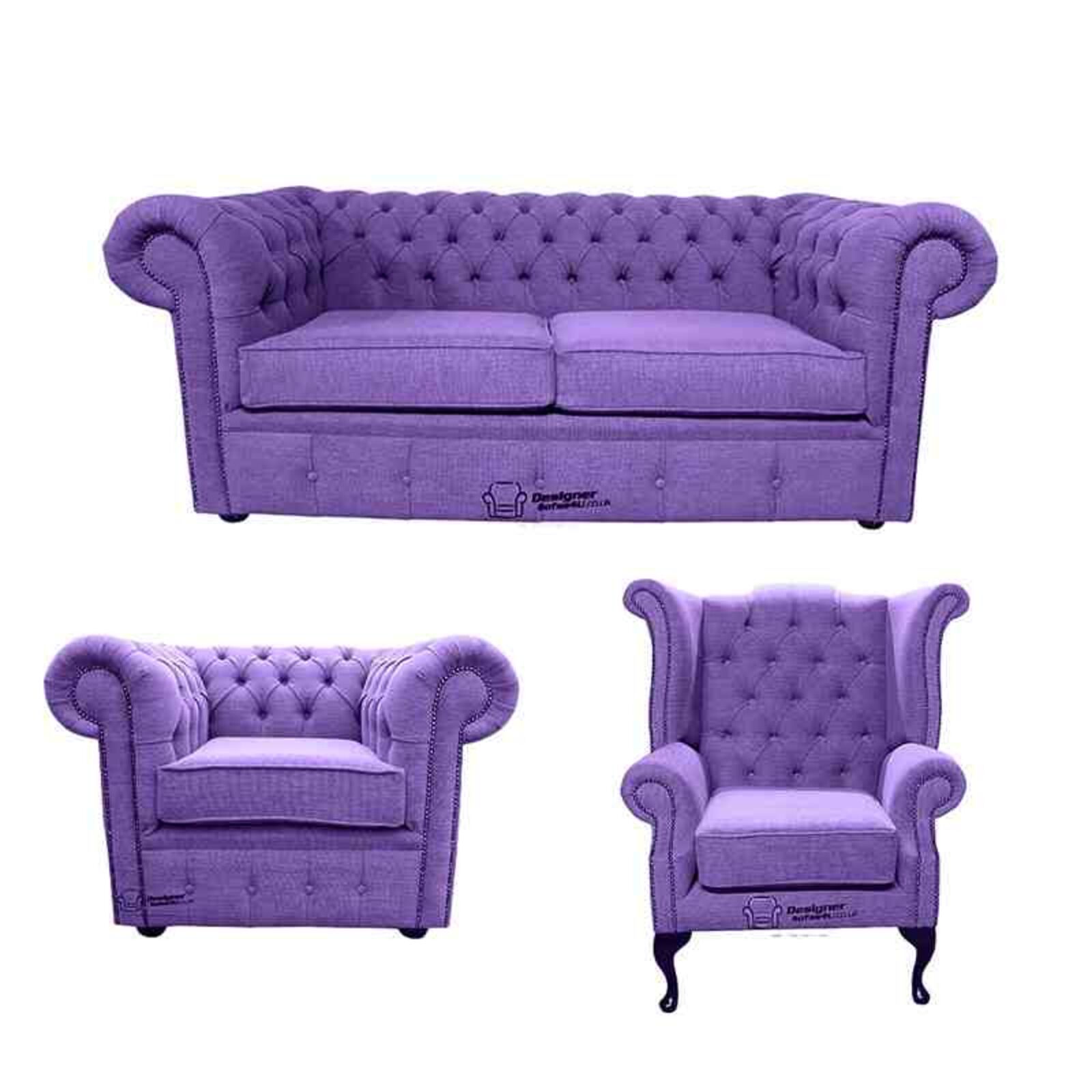 Product photograph of Chesterfield 2 Seater Sofa Club Chair Queen Anne Chair Verity Purple Fabric Sofa Suite Offer from Designer Sofas 4U
