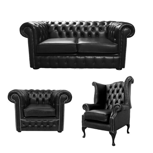 Chesterfield 2 Seater Sofa + Club Chair + Queen Anne Chair Old English Black Leather Sofa Offer