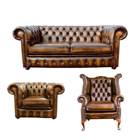 Chesterfield 2 Seater Sofa + Club Chair + Queen Anne Wing Chair Leather Sofa Suite Offer Antique Gold