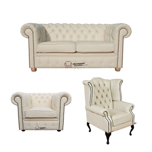 Chesterfield 2 Seater Sofa + Club Chair + Queen Anne Wing Chair Leather Sofa Suite Offer Cottonseed Cream