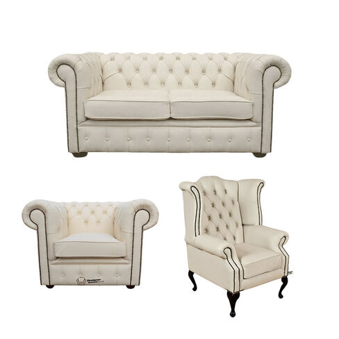 Chesterfield 2 Seater Sofa + Club Chair + Queen Anne Wing Chair Leather Sofa Suite Offer Ivory