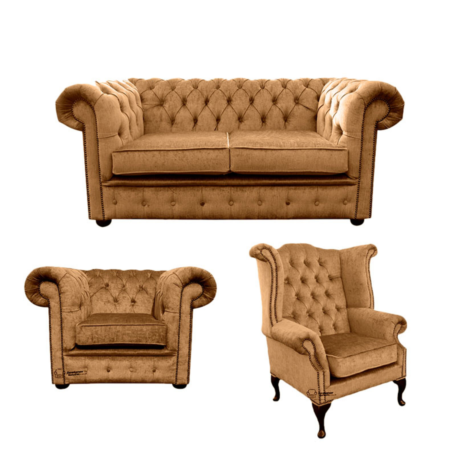 Product photograph of Chesterfield 2 Seater Sofa Club Chair Queen Anne Chair Harmony Gold Velvet Sofa Suite Offer from Designer Sofas 4U
