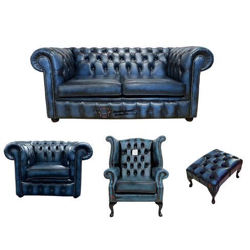 Chesterfield 2 Seater Sofa + Club Chair + Queen Anne Wing Chair + Footstool Leather Sofa Suite Offer Antique Blue