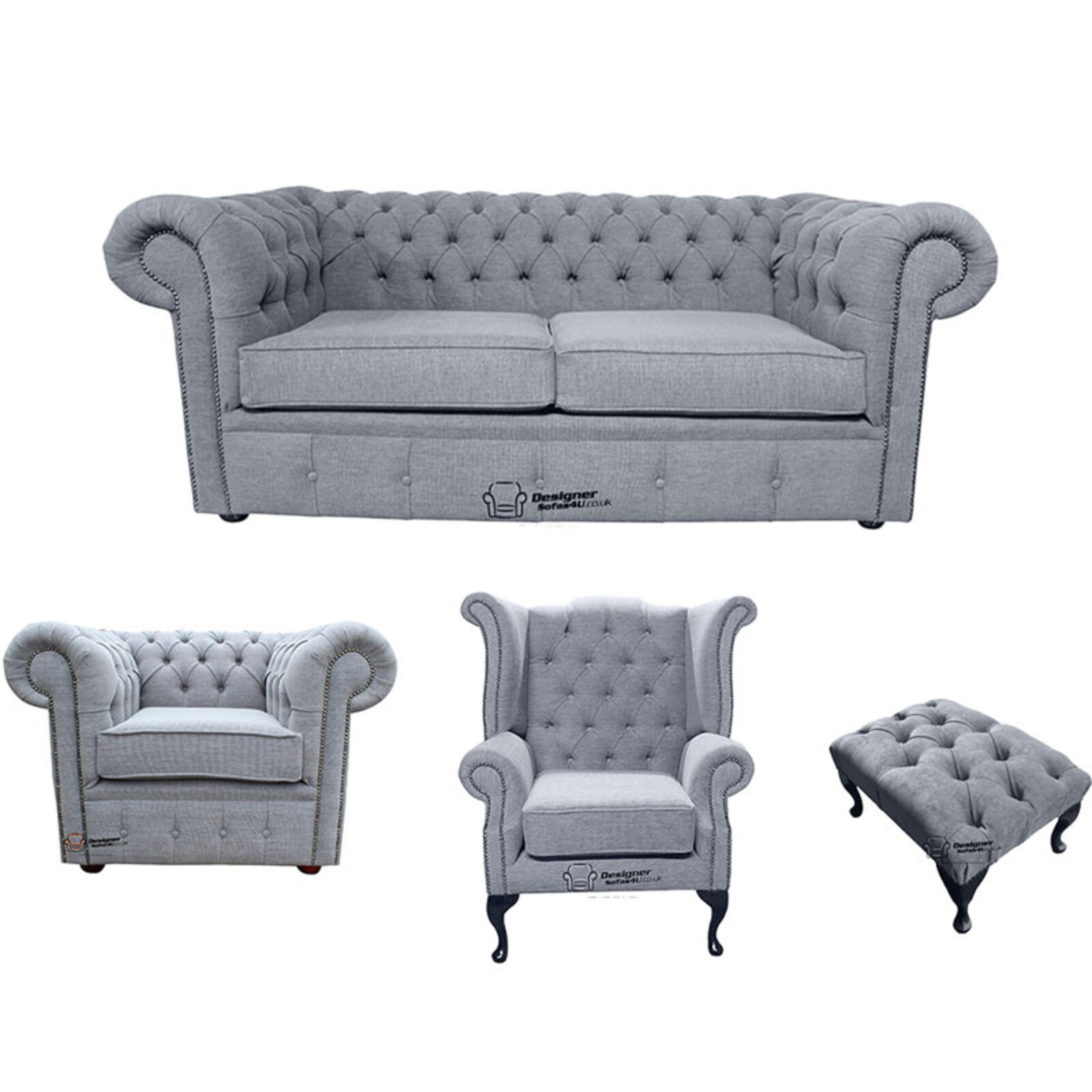 Product photograph of Chesterfield 2 Seater Sofa Club Chair Queen Anne Chair Footstool Verity Plain Steel Fabric Sofa Suite Offer from Designer Sofas 4U
