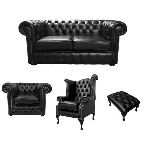 Chesterfield 2 Seater Sofa + Club Chair + Queen Anne Chair + Footstool Old English Black Leather Sofa Offer