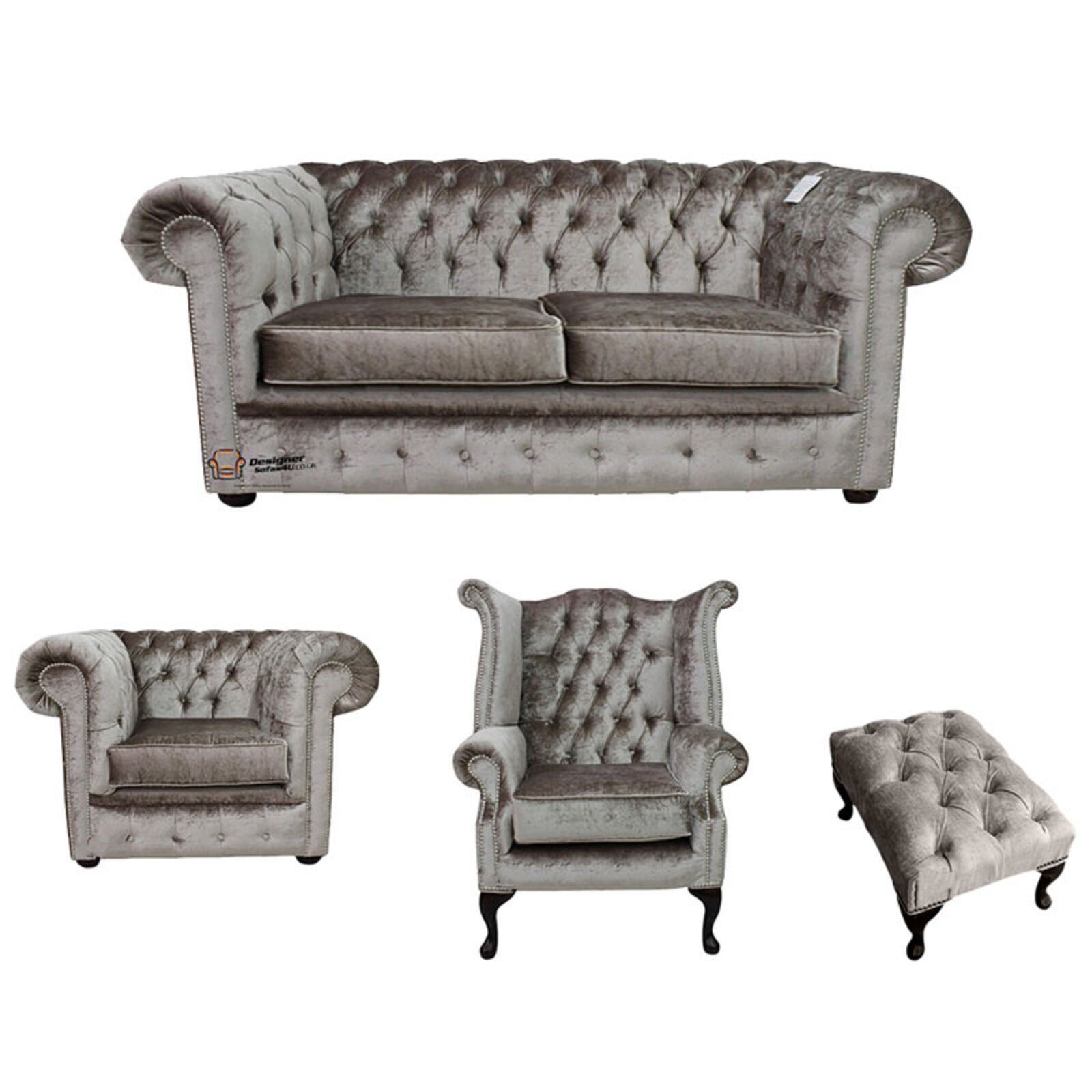 Product photograph of Chesterfield 2 Seater Sofa Club Chair Queen Anne Chair Footstool Boutique Beige Velvet Sofa Suite Offer from Designer Sofas 4U