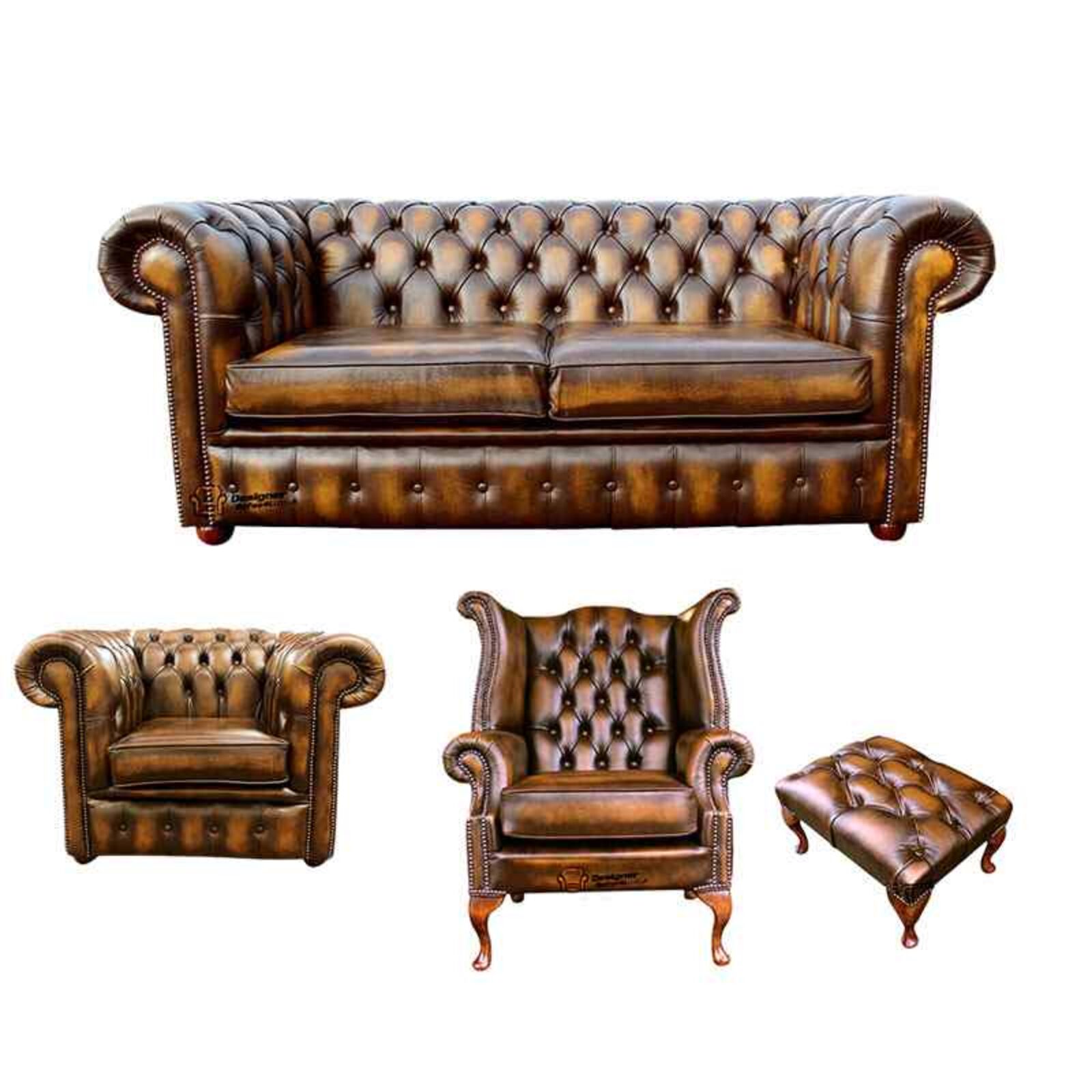 Product photograph of Chesterfield 2 Seater Sofa Club Chair Queen Anne Wing Chair Footstool Leather Sofa Suite Offer Antique Gold from Designer Sofas 4U