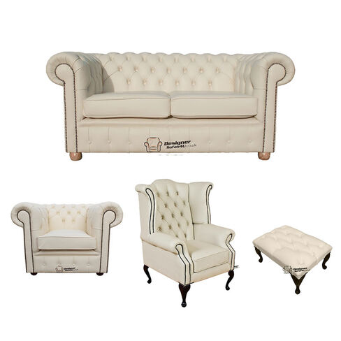 Chesterfield 2 Seater Sofa + Club Chair + Queen Anne Wing Chair + Footstool Leather Sofa Suite Offer Cottonseed Cream