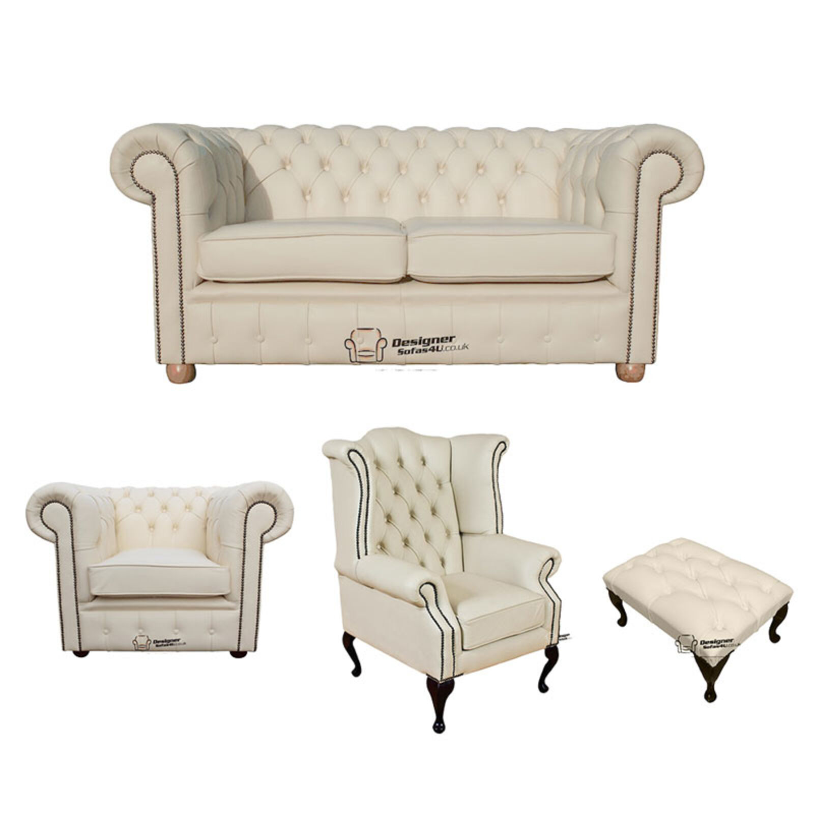 Product photograph of Chesterfield 2 Seater Sofa Club Chair Queen Anne Wing Chair Footstool Leather Sofa Suite Offer Cottonseed Cream from Designer Sofas 4U