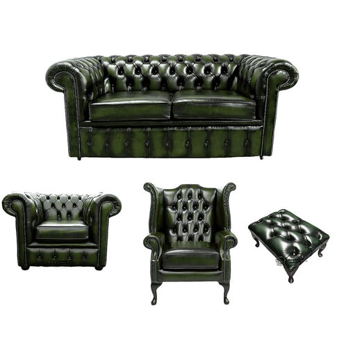 Chesterfield 2 Seater Sofa + Club Chair + Queen Anne Wing Chair + Footstool Leather Sofa Suite Offer Antique Green