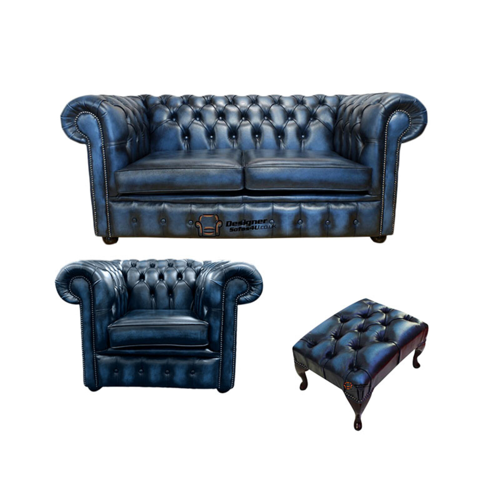 Product photograph of Chesterfield 2 Seater Sofa Club Chair Footstool Leather Sofa Suite Offer Antique Blue from Designer Sofas 4U