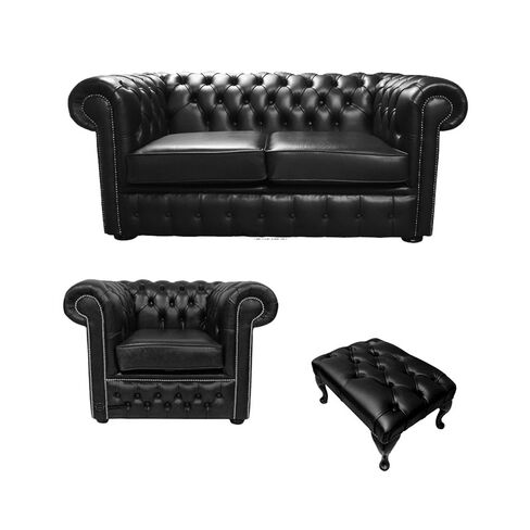 Chesterfield 2 Seater Sofa + Club Chair + Footstool Old English Black Leather Sofa Offer