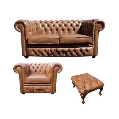 Chesterfield 2 Seater Sofa + Club Chair + Footstool Old English Tan Leather Sofa Offer