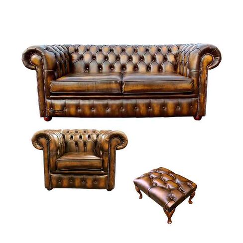 Chesterfield 2 Seater Sofa + Club Chair + Footstool Leather Sofa Suite Offer Antique Gold