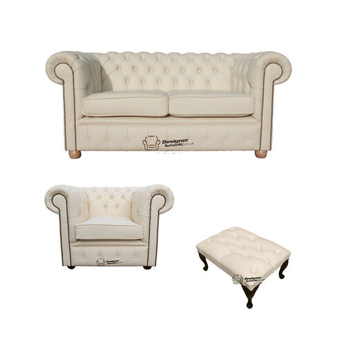 Chesterfield 2 Seater Sofa + Club Chair + Footstool Leather Sofa Suite Offer Cottonseed Cream