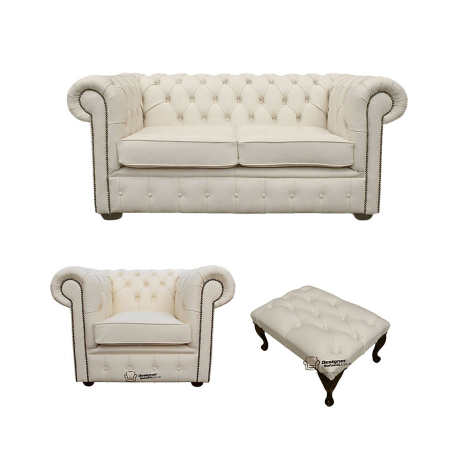 Product photograph of Chesterfield 2 Seater Sofa Club Chair Footstool Leather Sofa Suite Offer Ivory from Designer Sofas 4U