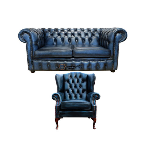 Chesterfield 2 Seater Sofa + Mallory Wing Chair Leather Sofa Suite Offer Antique Blue