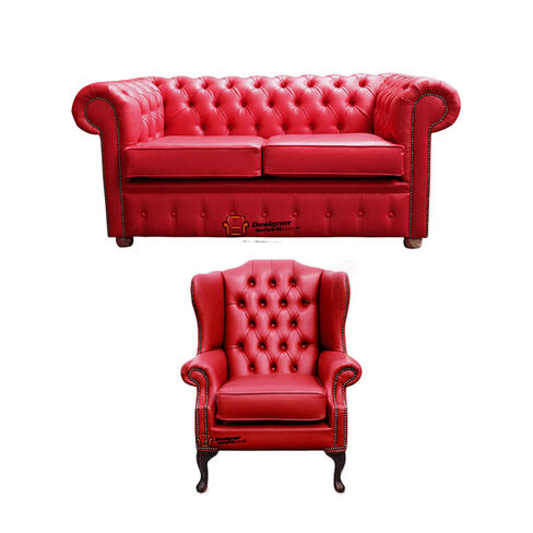 Chesterfield 2 Seater Sofa + Mallory Wing Chair Old English Gamay Red Leather Sofa Offer