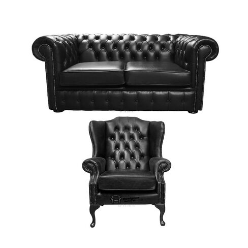 Chesterfield 2 Seater Sofa + Mallory Wing Chair Old English Black Leather Sofa Offer