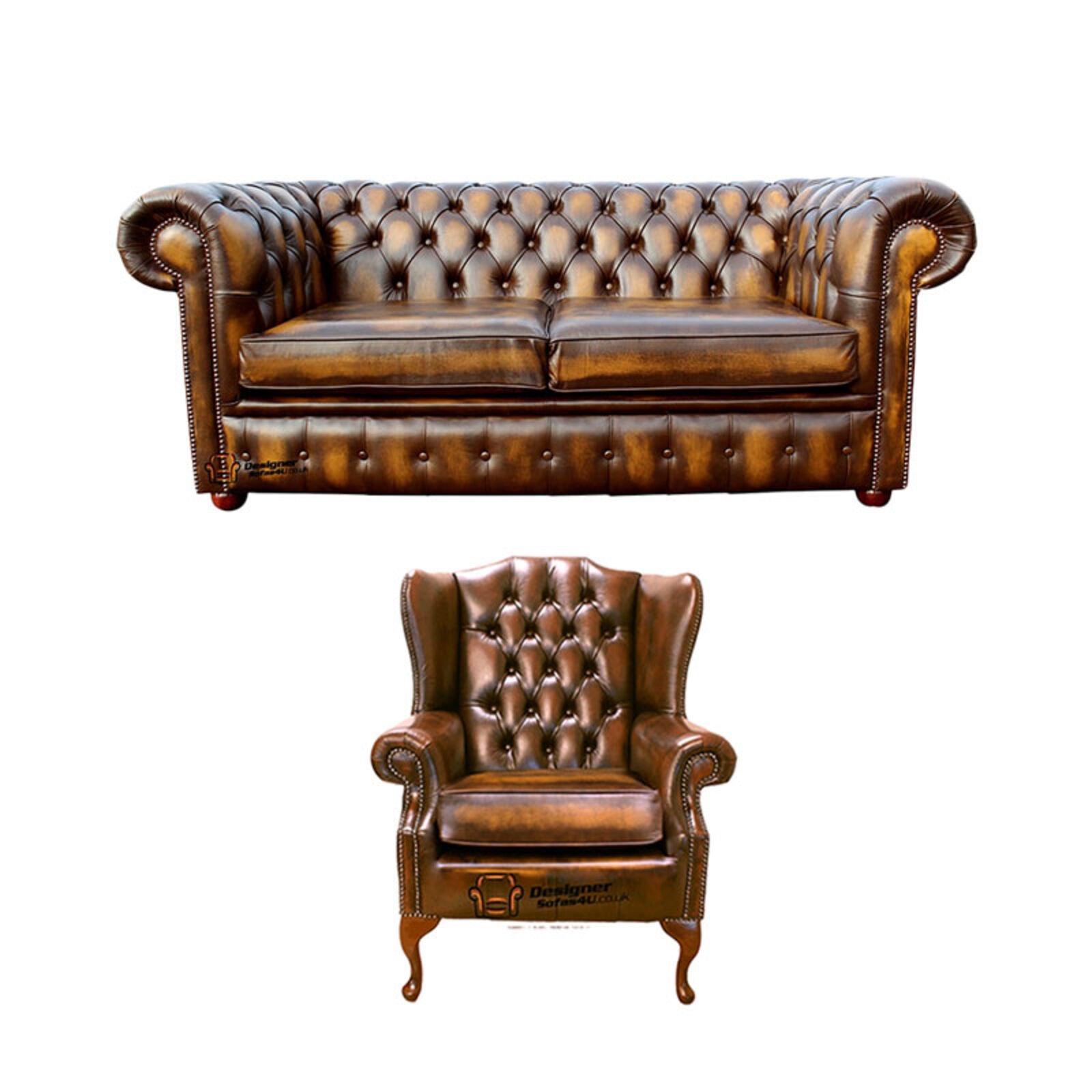 Product photograph of Chesterfield 2 Seater Sofa Mallory Wing Chair Leather Sofa Suite Offer Antique Gold from Designer Sofas 4U