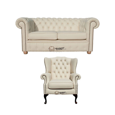 Chesterfield 2 Seater Sofa + Mallory Wing Chair Leather Sofa Suite Offer Cottonseed Cream