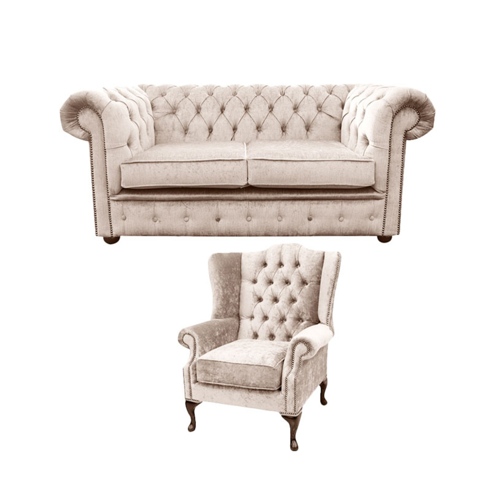 Product photograph of Chesterfield 2 Seater Sofa Mallory Wing Chair Harmony Ivory Velvet Sofa Suite Offer from Designer Sofas 4U