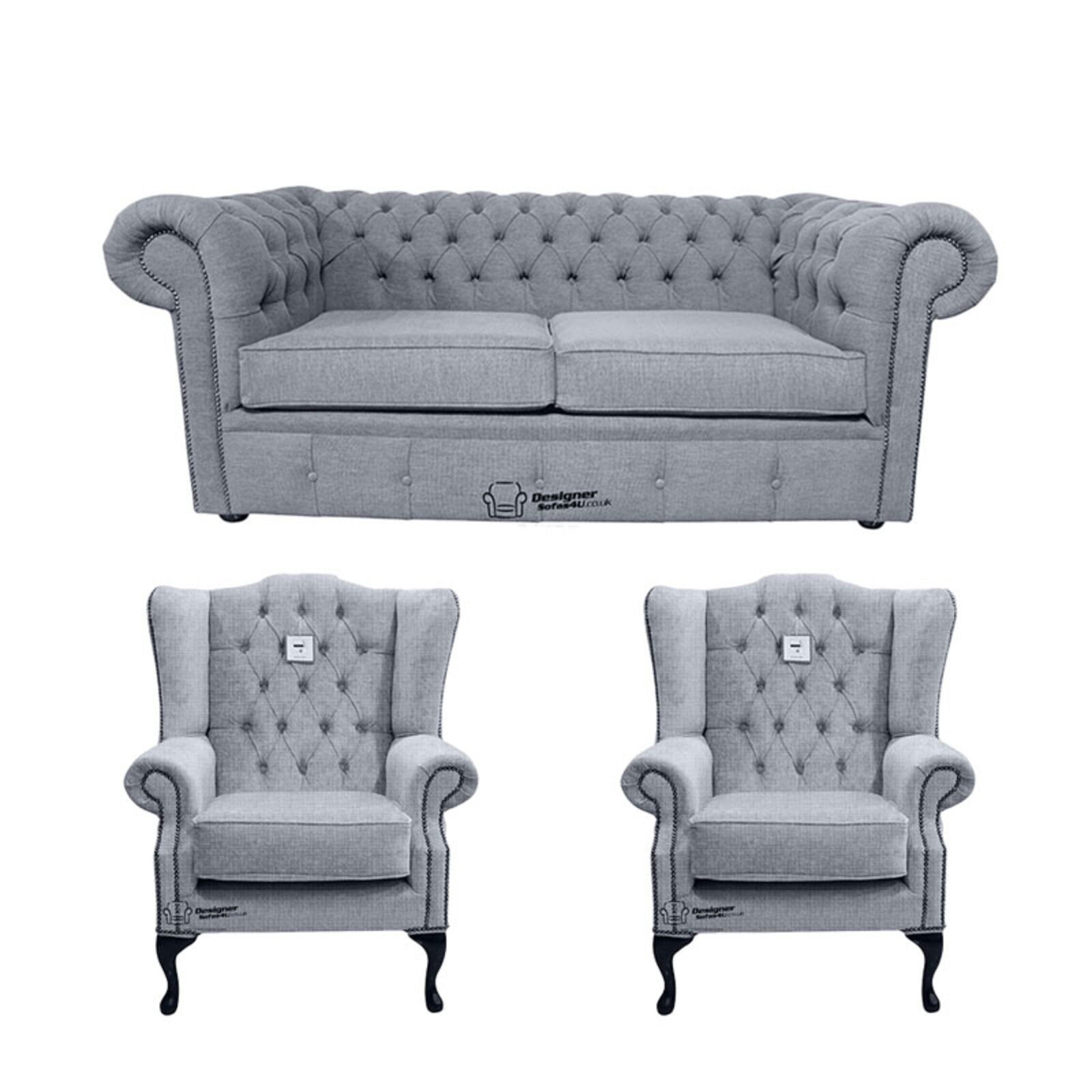Product photograph of Chesterfield 2 Seater Sofa 2 X Mallory Wing Chair Verity Plain Steel Fabric Sofa Suite Offer from Designer Sofas 4U