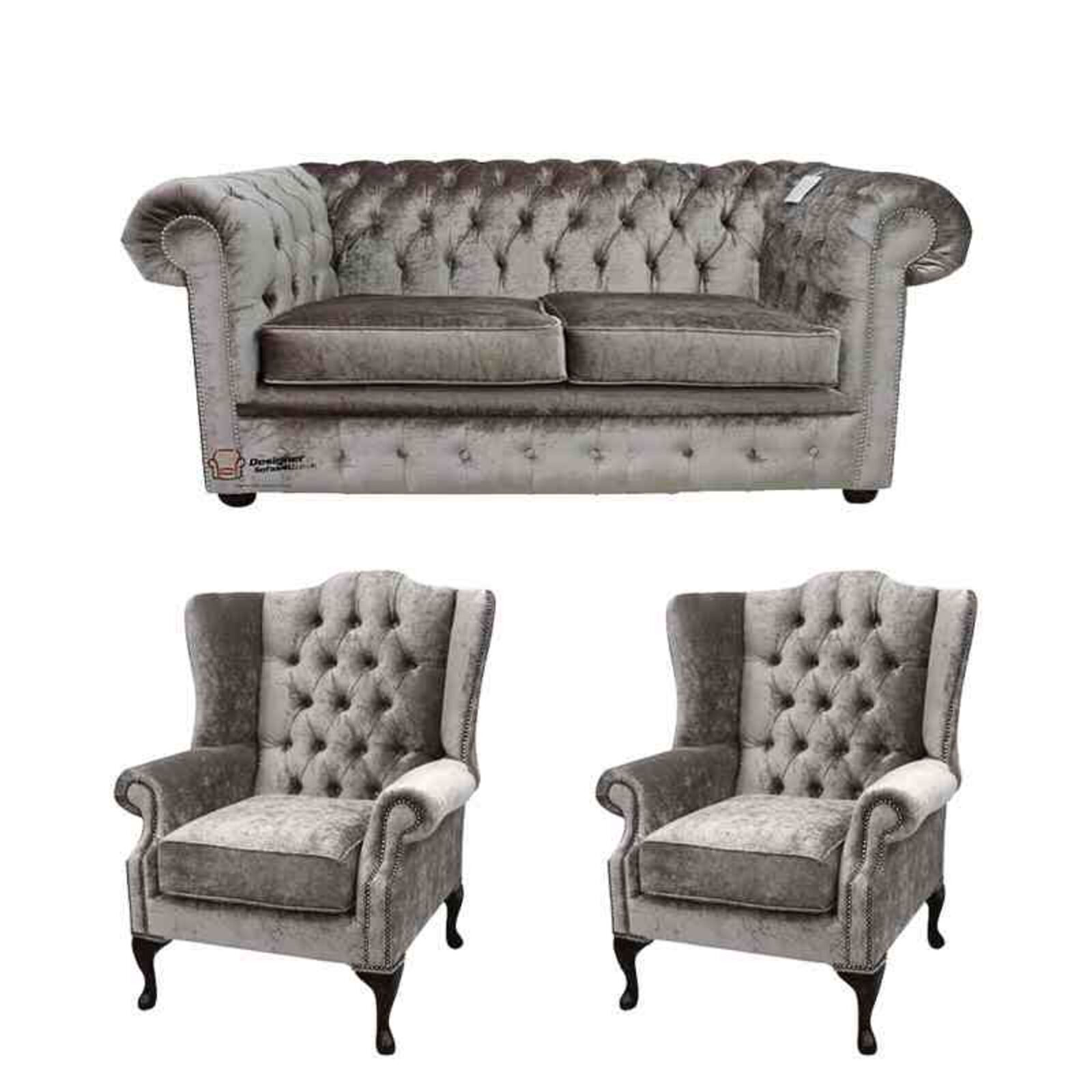 Product photograph of Chesterfield 2 Seater Sofa 2 X Mallory Wing Chair Verity Silver Fabric Sofa Suite Offer from Designer Sofas 4U
