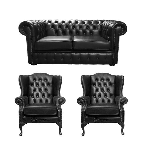 Chesterfield 2 Seater Sofa + 2 x Mallory Wing Chairs Old English Black Leather Sofa Offer