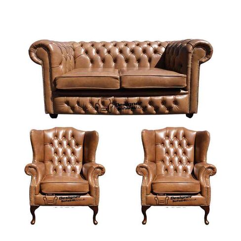 Chesterfield 2 Seater Sofa + 2 x Mallory Wing Chairs Old English Tan Leather Sofa Offer