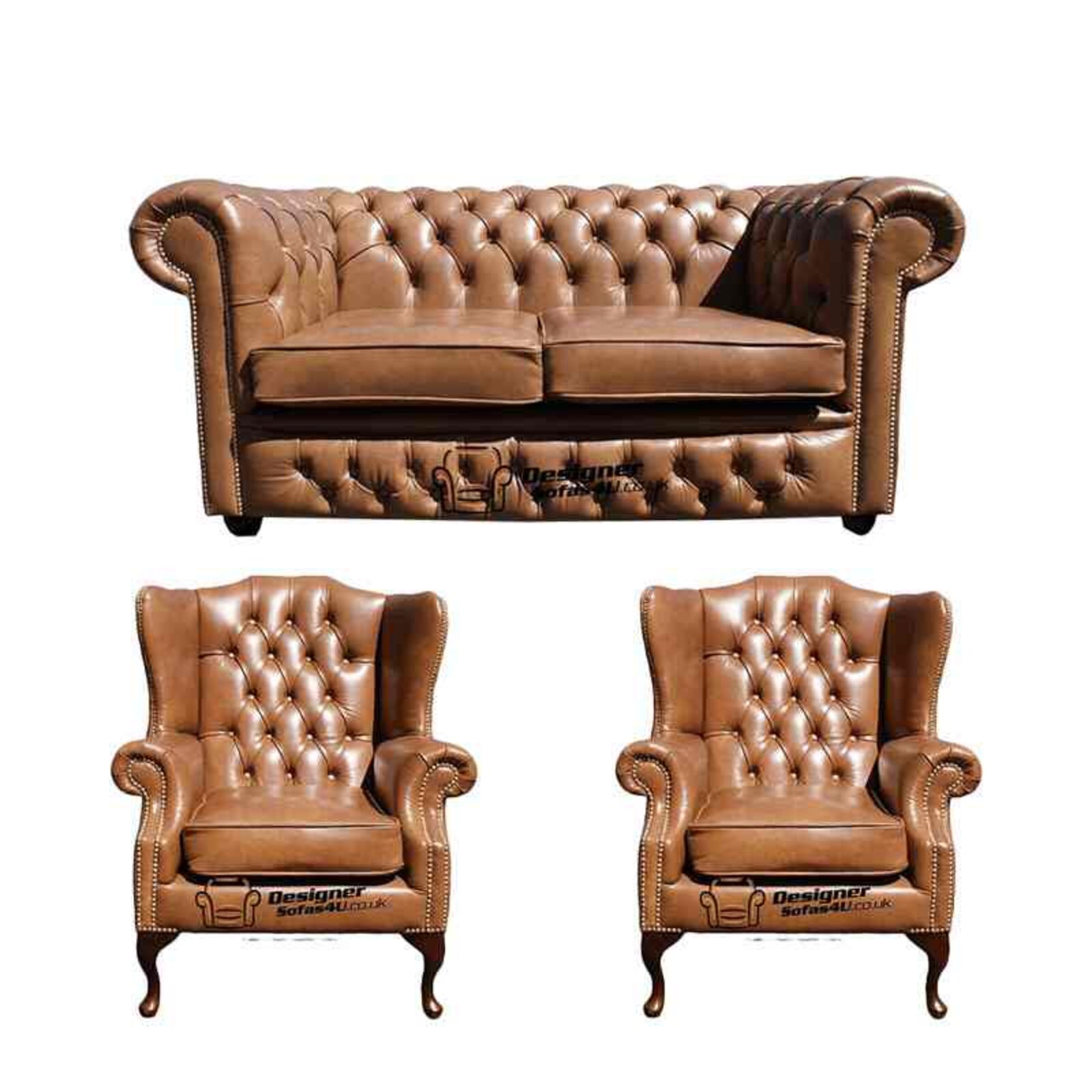 Product photograph of Chesterfield 2 Seater Sofa 2 X Mallory Wing Chairs Old English Tan Leather Sofa Offer from Designer Sofas 4U