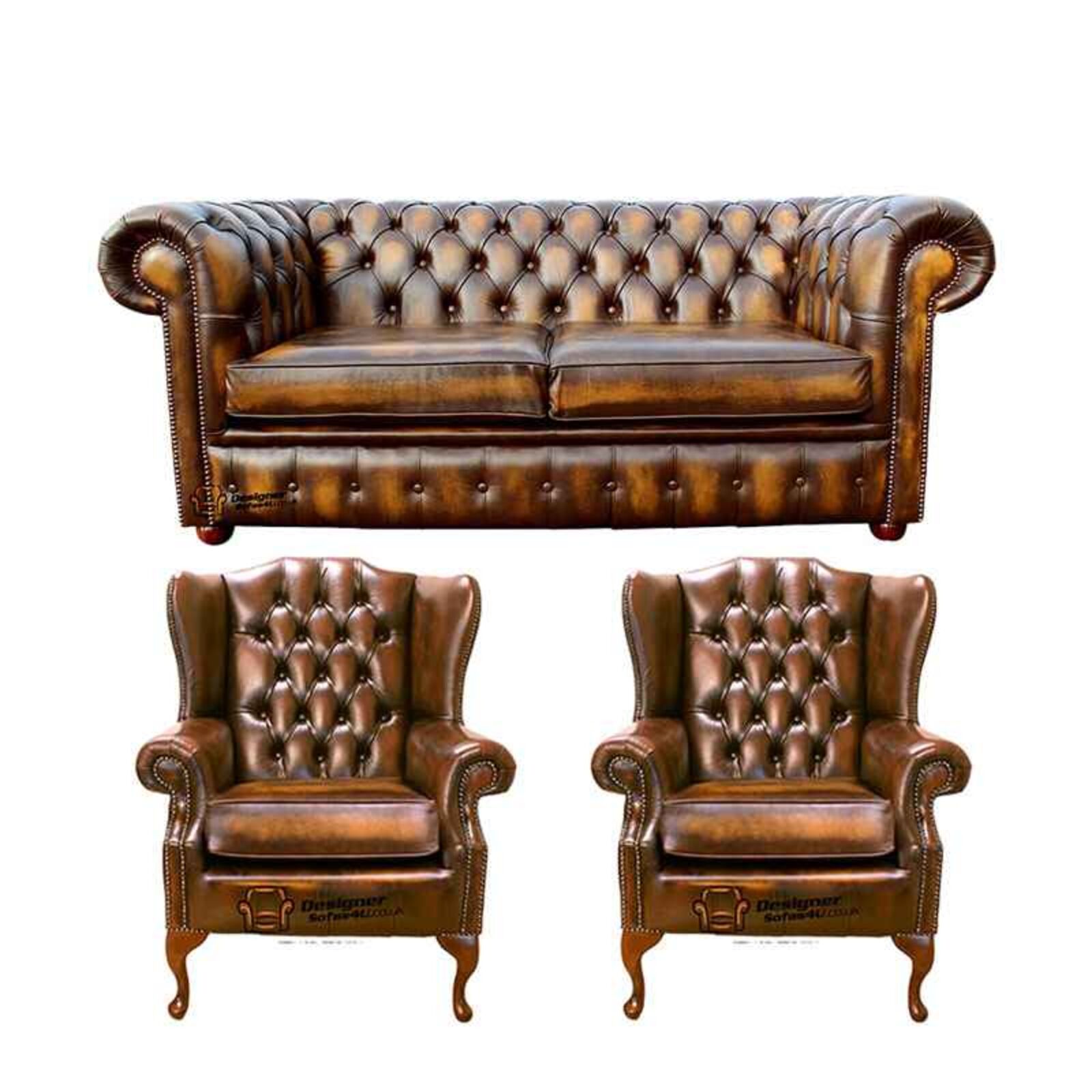 Product photograph of Chesterfield 2 Seater Sofa 2 X Mallory Wing Chairs Leather Sofa Suite Offer Antique Gold from Designer Sofas 4U
