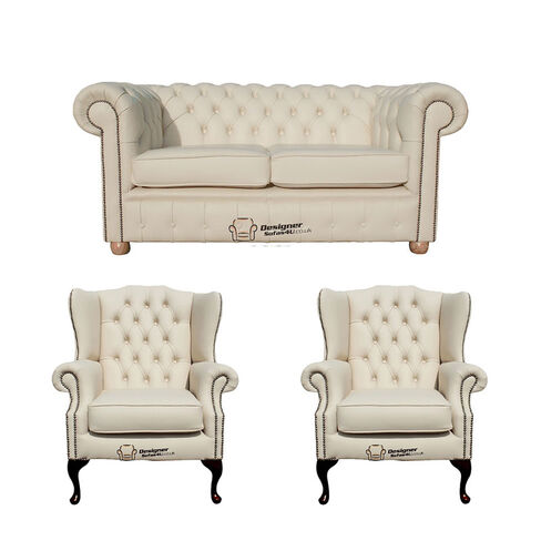 Chesterfield 2 Seater Sofa + 2 x Mallory Wing Chairs Leather Sofa Suite Offer Cottonseed Cream